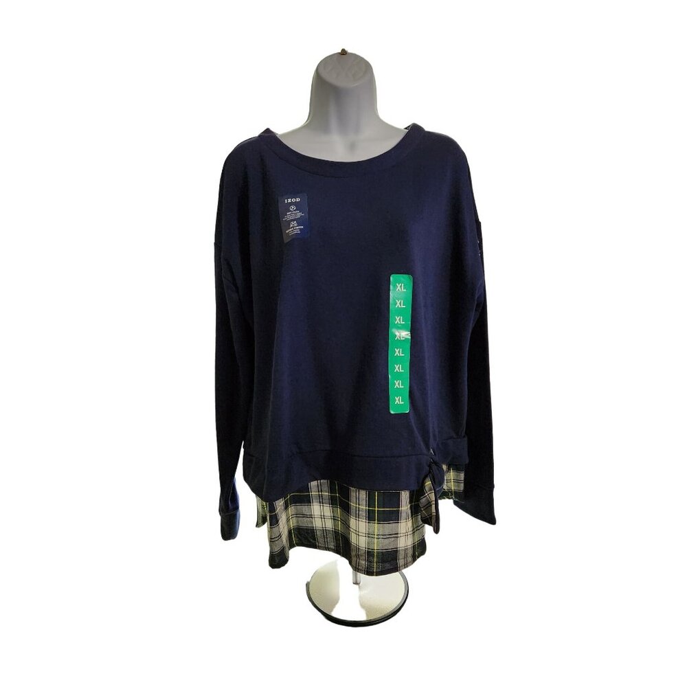 IZOD Tie-Front 2-Fer Sweatshirt XLPlaid Layered Navy Stretch Preppy Casual Chic